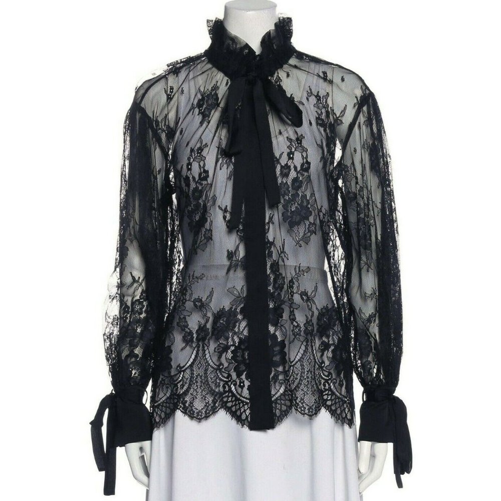 Equipment Black Lace Pattern Tie Neck Blouse Women's Blouses Designer X Small